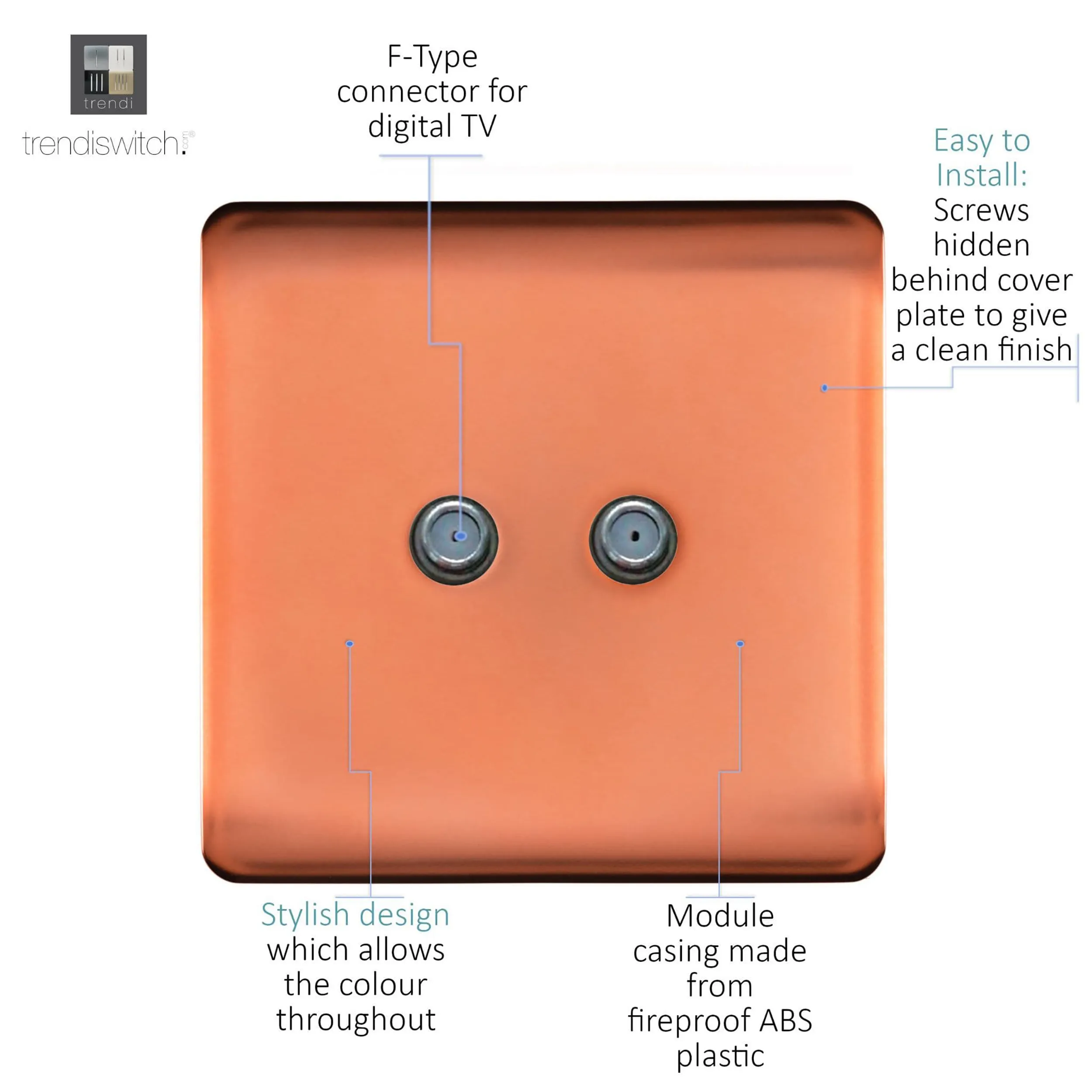 2 Gang F-Type Satellite Televison Socket Copper ART-2SATCPR  Trendi Copper